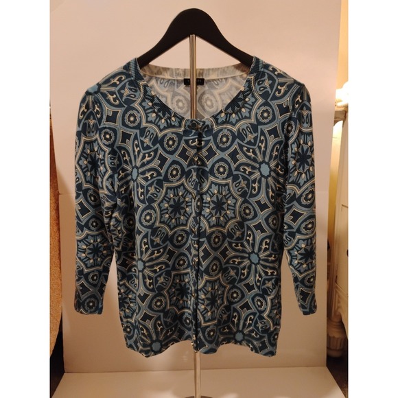 Ladies Talbots Sz MPetite 3/4 Sleeves Enamel Buttons Cardigan Blue Print - Picture 1 of 4